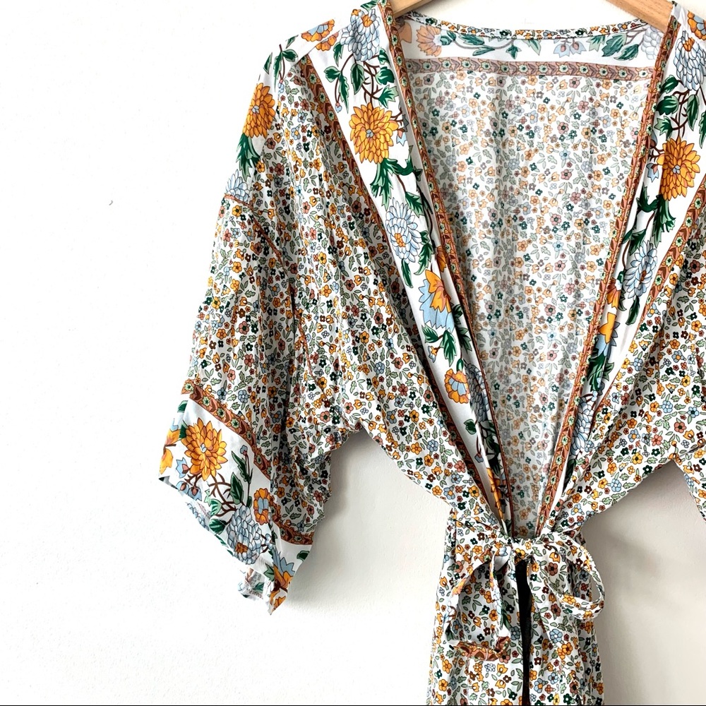 Floral Maxi Swim Coverup Kimono in Cream and Tan - Picture 5 of 7
